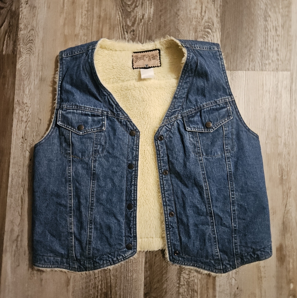 Vintage Street Wear Carole Little Denim Sherpa Lined Vest Pockets Western Large